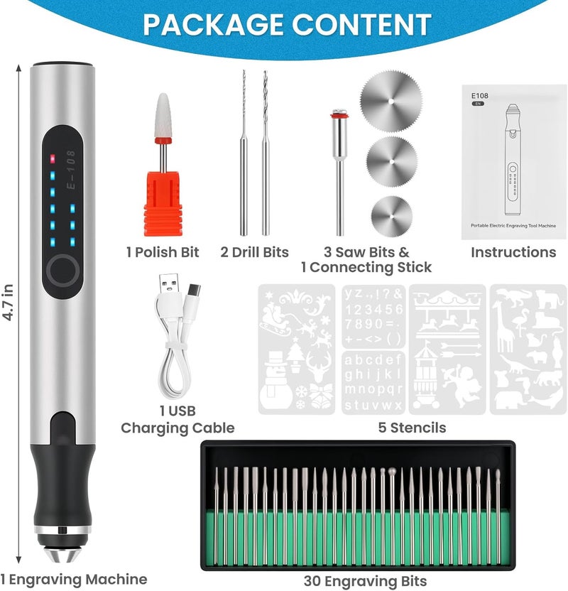 Timntts Electric Engraving Pen with 37 Bits, USB Rechargeable Cordless Etching Engraving Tool, Portable DIY Rotary Engraver for Jewelry Wood Glass Stone Carving (Silver) - Image 3